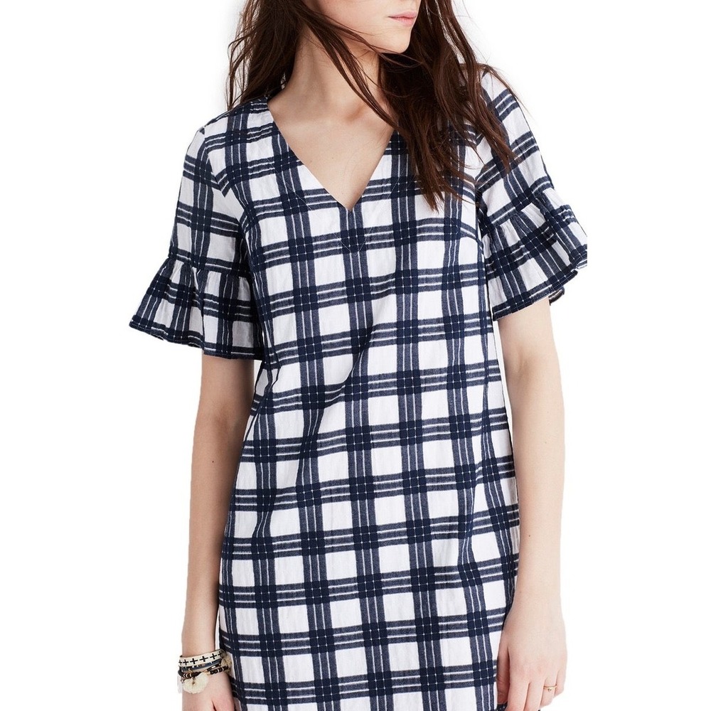 Madewell Leighton Plaid Dress Ruffle Bell Sleeve Navy and White, Size 4, EUC